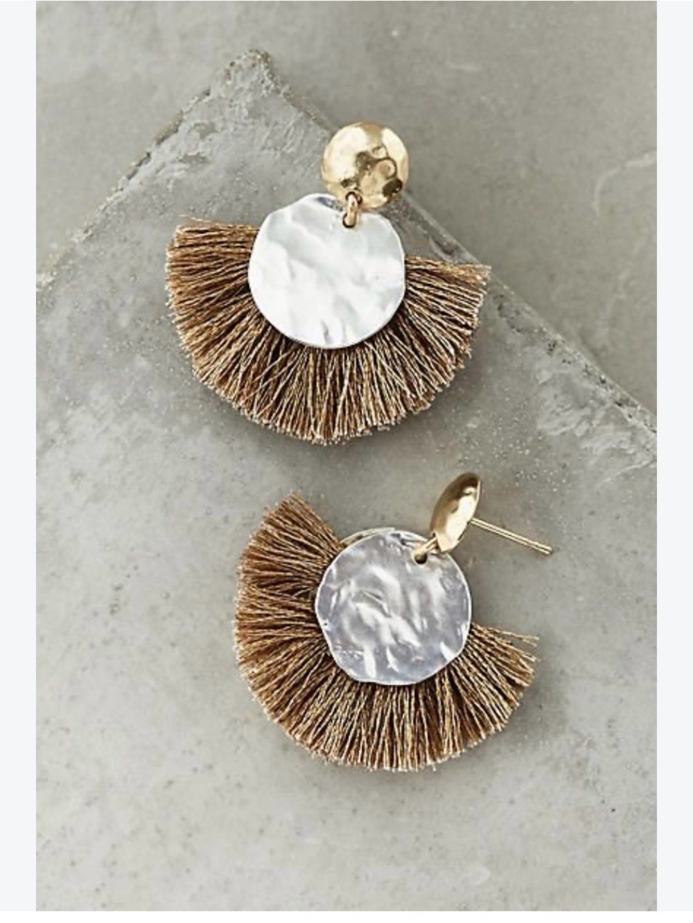 Anthropologie Rising Sun Hammered Gold Silver Toned Fan-Shaped Fringe Earrings